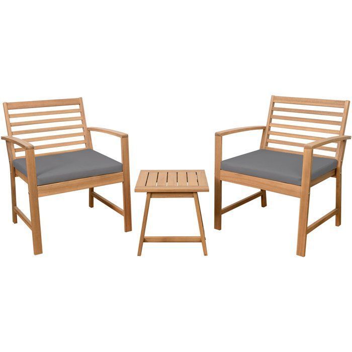 Salon de jardin en bois d'Acacia FSC avec coussins - CALI - 1 table café + 2 fauteuils - Gris - 2 personnes