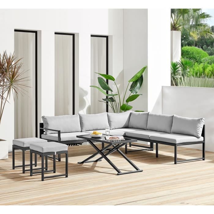 Salon de jardin avec structure en aluminium avec coussins - 7 personnes - Hipu - Gris