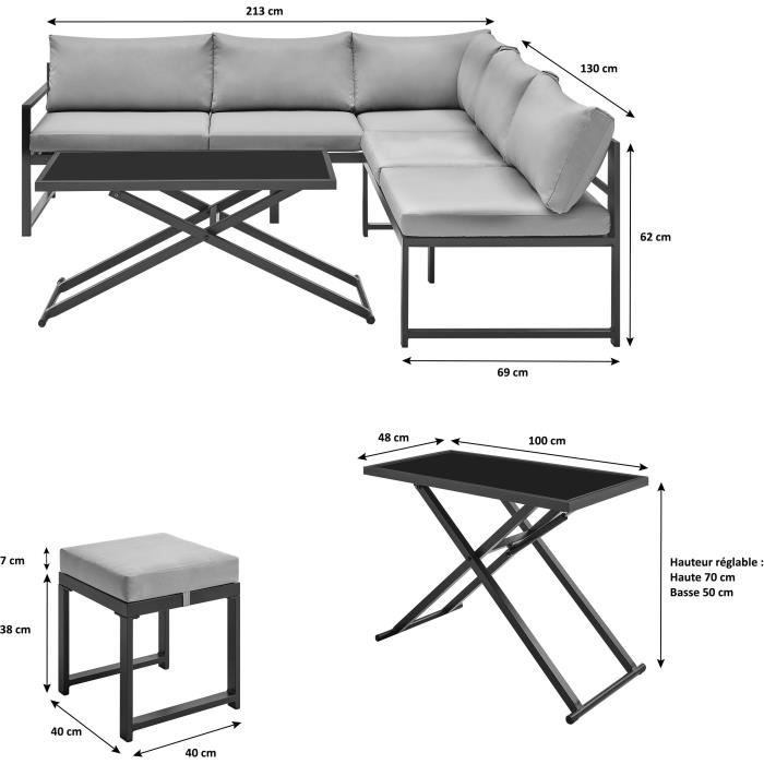 Salon de jardin avec structure en aluminium avec coussins - 7 personnes - Hipu - Gris