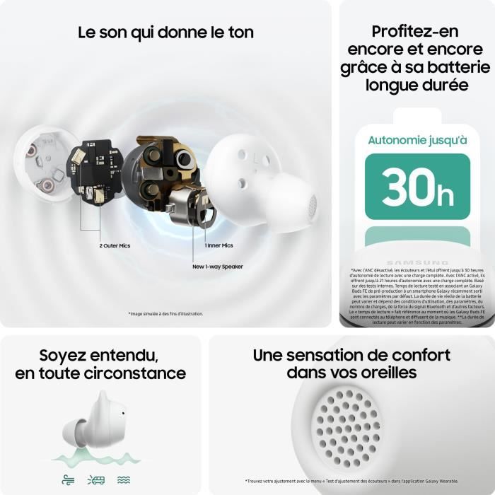 Ecouteurs Samsung Galaxy Buds FE True wireless a rÈduction de bruit active Blanc