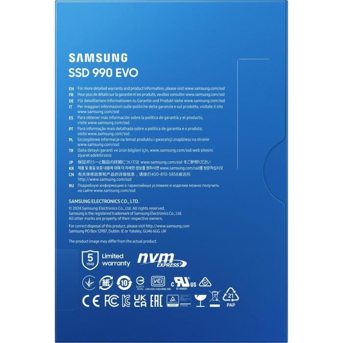 SAMSUNG SSD Interne 990 EVO 2 To NVMe M.2 PCIe 4.0 x 4 - 5000 Mo/s - MZ-V9E2T0BW
