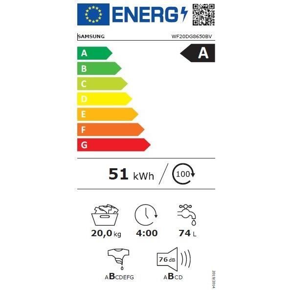 Lave-linge hublot SAMSUNG Ecobubble WF20DG8650BV - 20 kg - Digital Inverter - L68,6cm - 1000 trs/min - Classe A - Noir