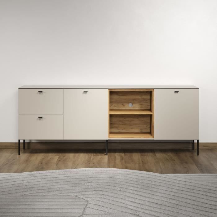 Meuble TV SAO PAULO - Cachemire / Chene blond - 2 portes, 2 niches, 2 tiroirs - 110 x 68 x 45 cm - TRENDTEAM