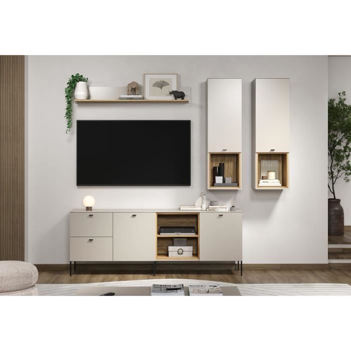 Meuble TV SAO PAULO - Cachemire / Chene blond - 2 portes, 2 niches, 2 tiroirs - 110 x 68 x 45 cm - TRENDTEAM