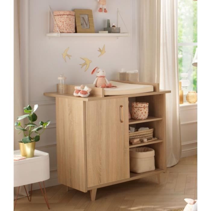 Chambre complete trio bébé - SAUTHON - Sam Chene doré - Lit bébé 120 x 60 cm, commode a langer et armoire