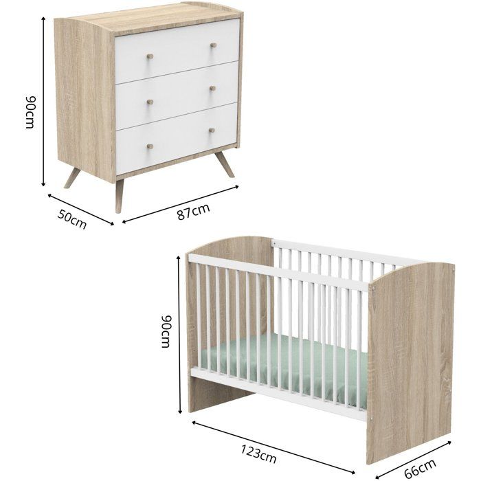 Chambre bébé duo - Lit 120 x 60 cm + Commode 3 tiroirs - Access - Bois chene doré/Blanc - SAUTHON