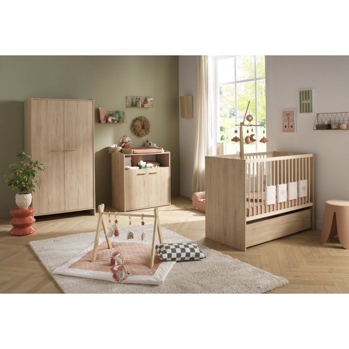 Chambre bébé trio - Lit 120 x 60 cm + Commode + Armoire 2 portes - Adele - Hetre/creme - SAUTHON