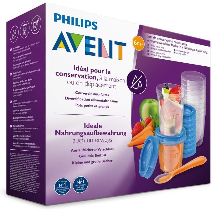 Set de pots de conservation - PHILIPS AVENT - Purées - 10x180ml + 10x240ml + 20 couvercles + Cuillere de sevrage + Recettes