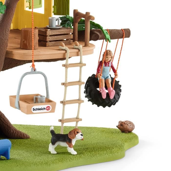 Cabane aventure dans les arbres, coffret de 60 pieces détaillées avec balançoire, 2 figurines d'enfant et figurines d'animaux,