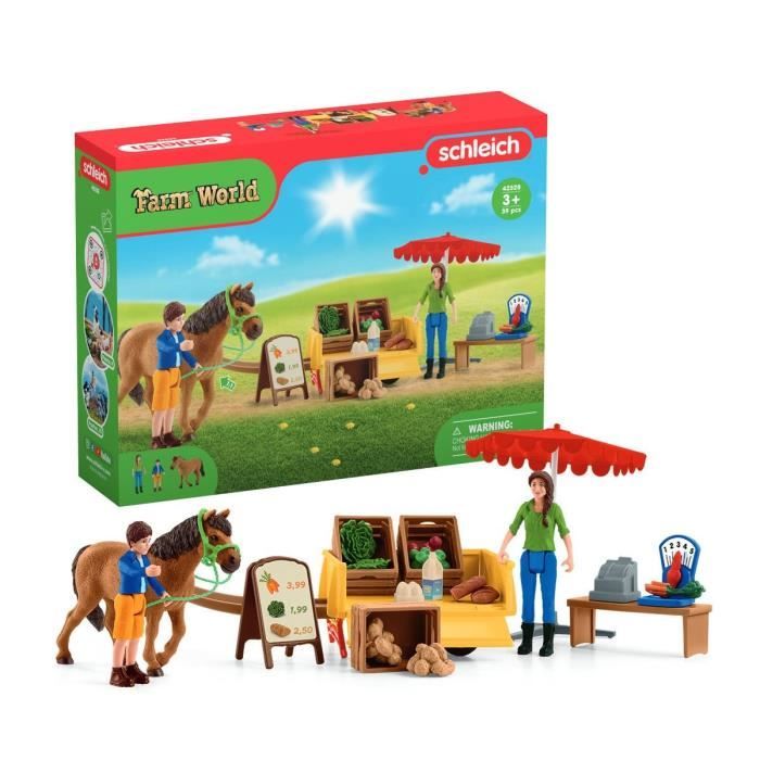Étal mobile de la ferme, jeu de ferme avec figurines de fermiers, cheval et étal de marchandises, jouets animaux de la ferme pour