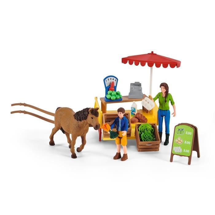 Étal mobile de la ferme, jeu de ferme avec figurines de fermiers, cheval et étal de marchandises, jouets animaux de la ferme pour