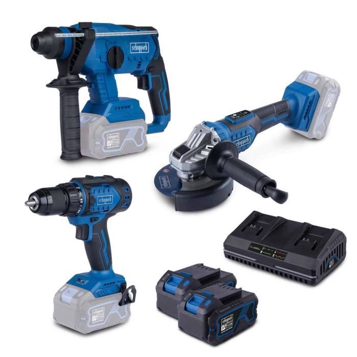 Pack 3 outils (perceuse a percussion, perceuse-visseuse, meuleuse d'angle) SCHEPPACH - BPS100 - 2 batteries 4Ah + chargeur