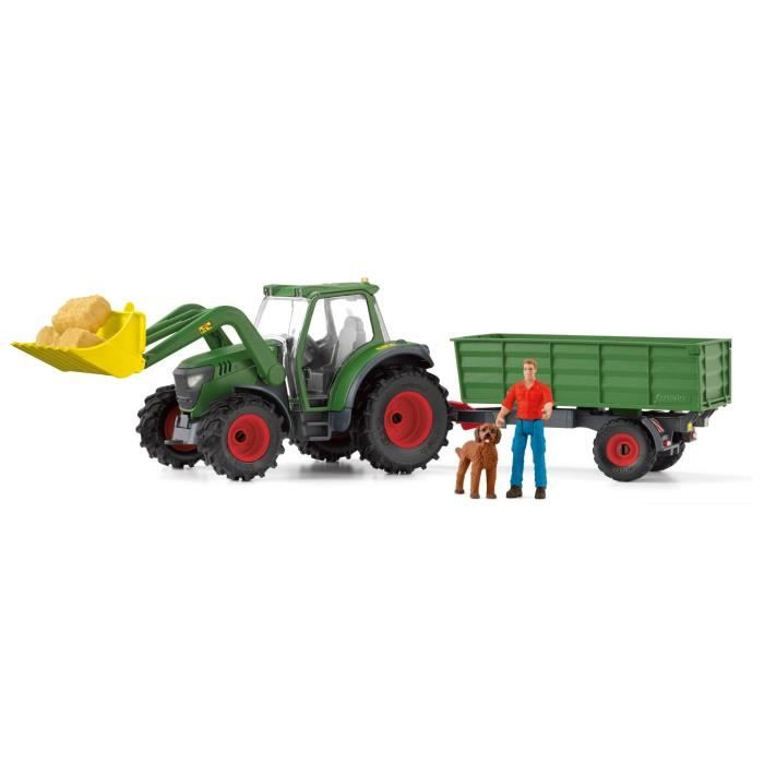 Tracteur et remorque, Coffre schleich avec 1 tracteur, 1 rremorque, 1 figurine humaine articulée, 1 figurine chien, pour enfants
