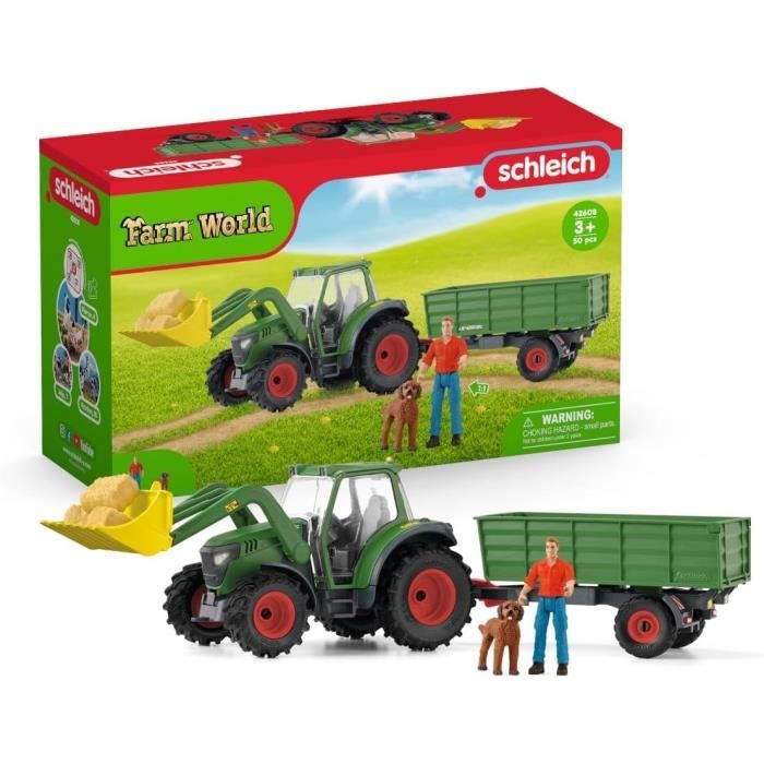 Tracteur et remorque, Coffre schleich avec 1 tracteur, 1 rremorque, 1 figurine humaine articulée, 1 figurine chien, pour enfants