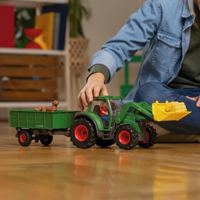 Tracteur et remorque, Coffre schleich avec 1 tracteur, 1 rremorque, 1 figurine humaine articulée, 1 figurine chien, pour enfants