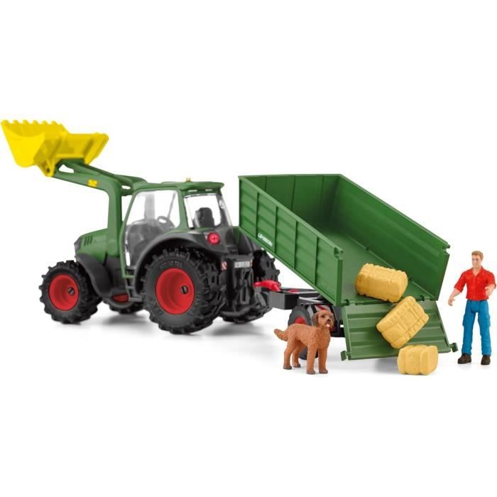 Tracteur et remorque, Coffre schleich avec 1 tracteur, 1 rremorque, 1 figurine humaine articulée, 1 figurine chien, pour enfants