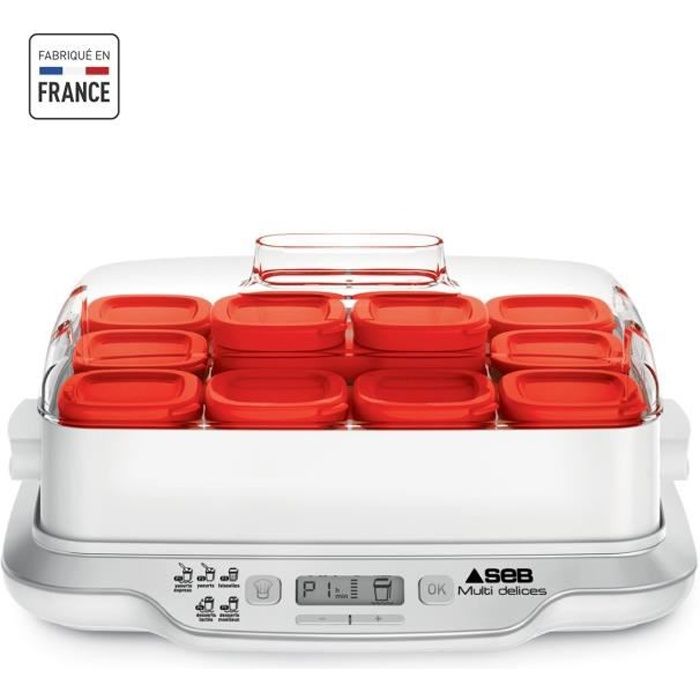 SEB Yaourtiere 12 pots 140 ml, Yaourts et desserts maison, 5 programmes automatiques, 100 % sans BPA, FabriquÈ en France YY5114FB