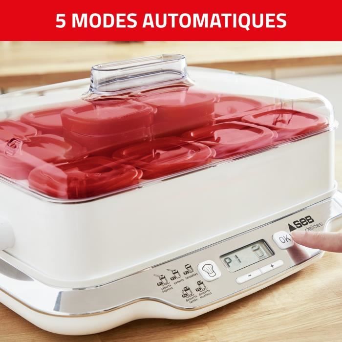 SEB Yaourtiere 12 pots 140 ml, Yaourts et desserts maison, 5 programmes automatiques, 100 % sans BPA, FabriquÈ en France YY5114FB