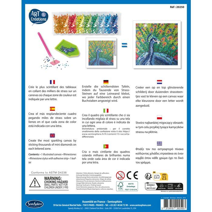 Création a base de mini strass - SENTOSPHERE - Art & Créations - Canevas a Diamanter - Paon - Des 8 ans