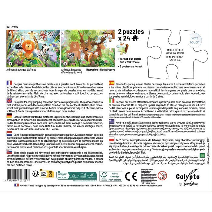 2 Puzzles - SENTOSPHERE - 24 pieces - Animaux Sauvages - Observation - Mémoire - Logique - Des 3 ans