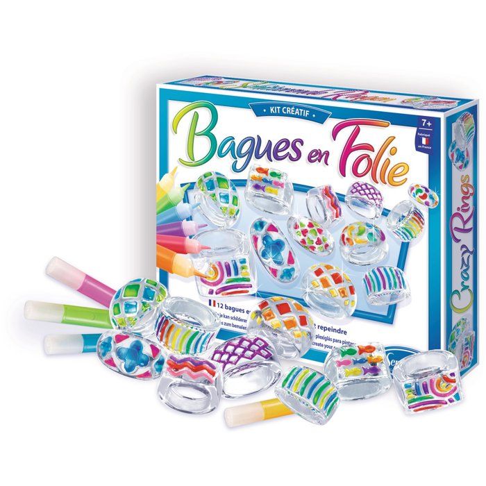 Kit creatif bijoux - SENTOSPHERE - Bagues en Folies - 12 bagues transparantes a peindre - 10 couleurs - Des 7 ans