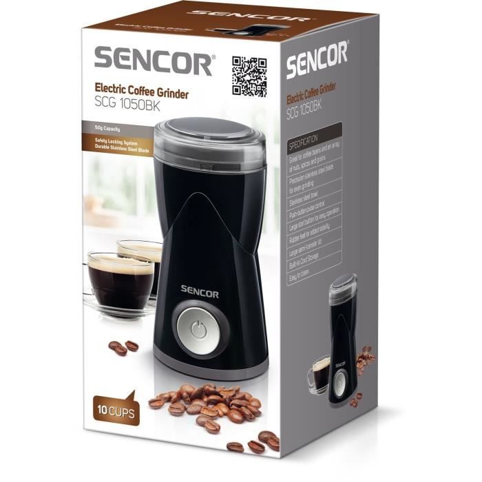Moulin a cafÈ Èlectrique - SENCOR - SCG 1050BK - 150 W - CapacitÈ de 50 g - Finesse du cafÈ moulu rÈglable - Noir
