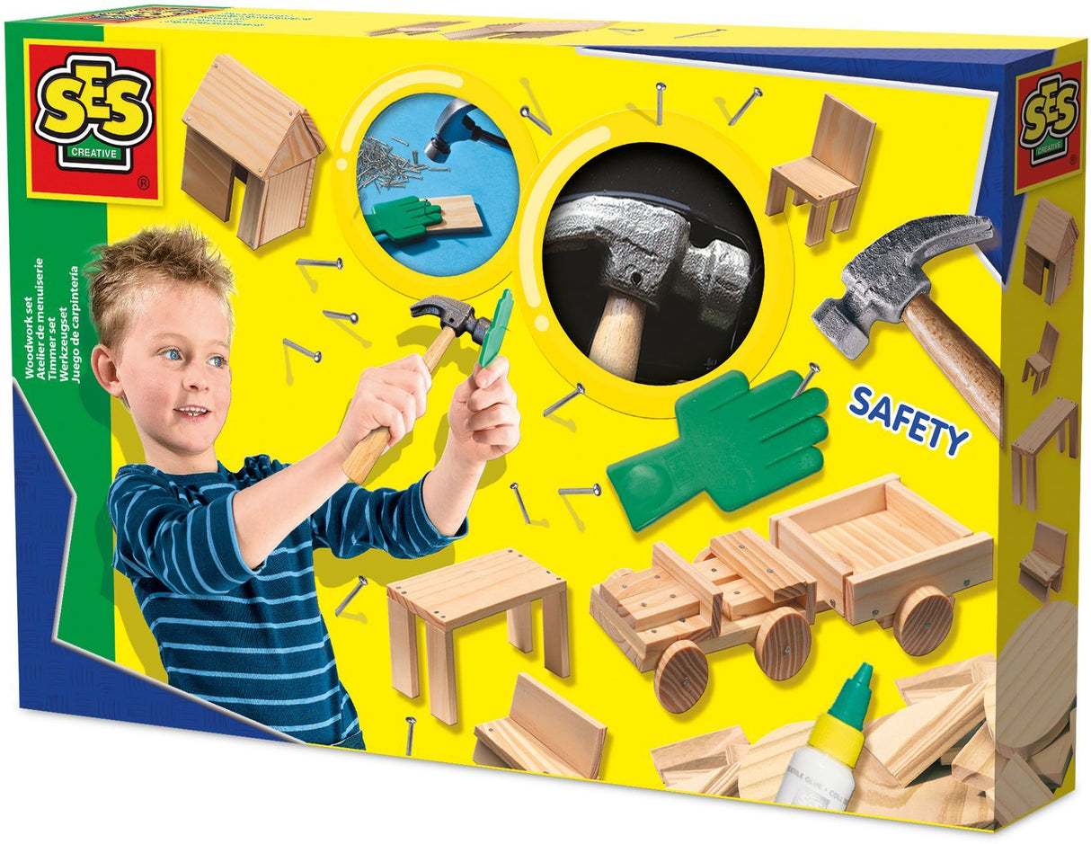 Atelier de menuiserie - SES CREATIVE - Hobby Blue - Coffret bricolage créatif - Main sécurité - Age : 5+