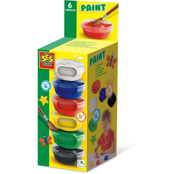 Gouache (6x45ml) - SES CREATIVE - Six couleurs : rouge, bleu, blanc, noir, vert et jaune.