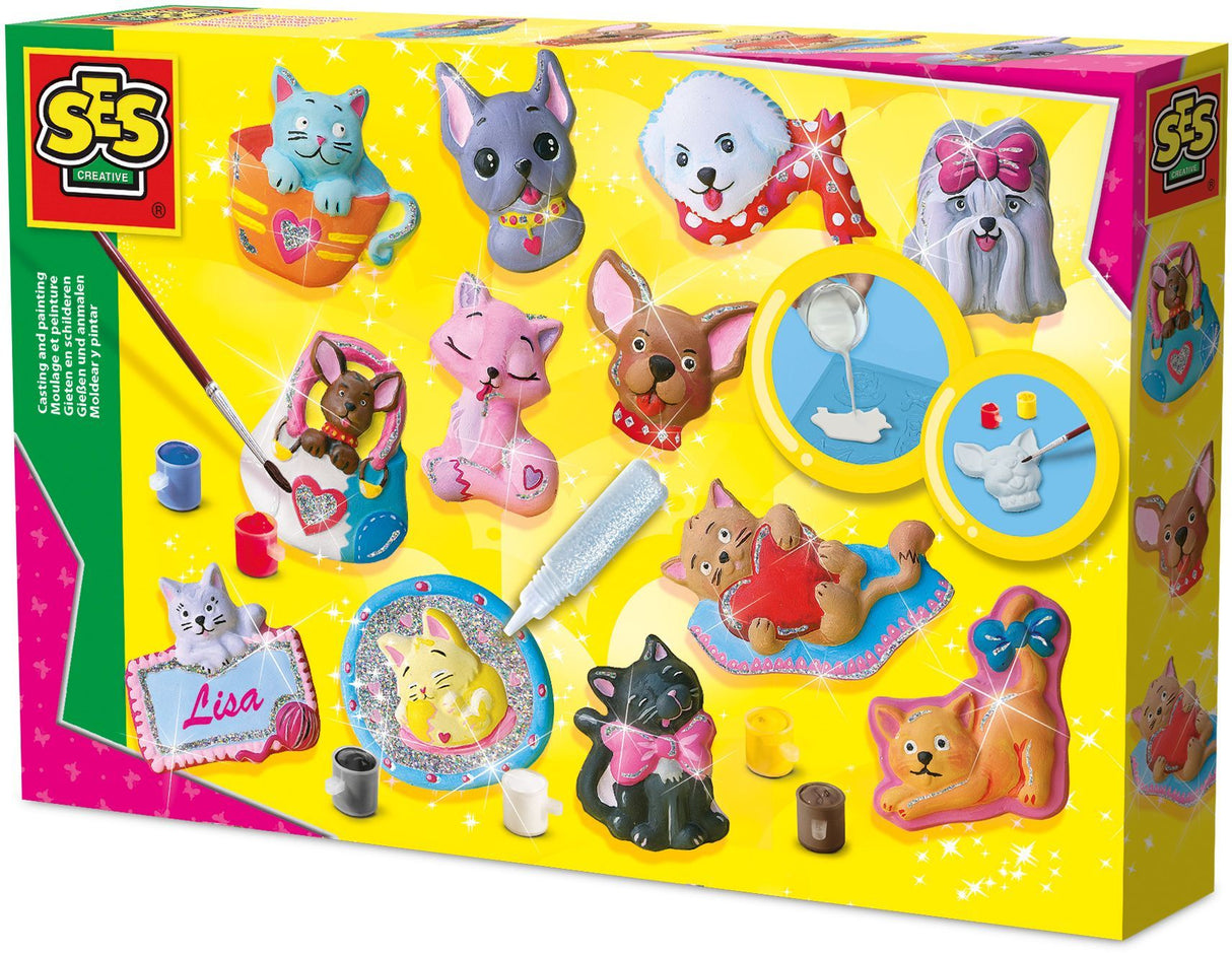 SES CREATIVE - Moulage en plâtre chiens et chats - Jaune, vert et rose - Enfant - Plus de 5 ans