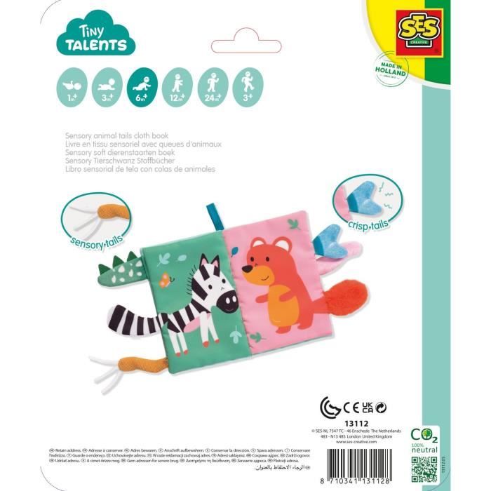 Livre en tissu sensoriel avec queues d'animaux