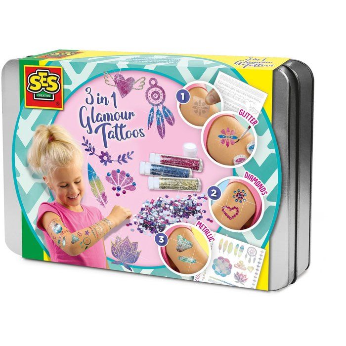 Tatouages glamour 3 en 1 - SES CREATIVE - Hobby Pink - Activité manuelle créative - Idée cadeau filles - Age : 5+