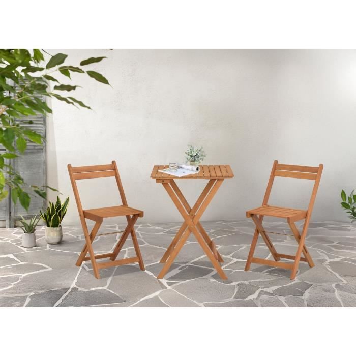 Set bistrot en bois d'acacia FSC - SAVANA - 1 table carrée 60 x 60 cm et de 2 chaises pliables - 2 personnes