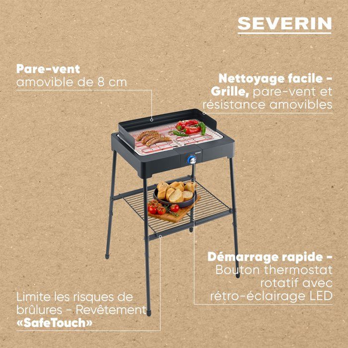 Barbecue électrique sur pieds - SEVERIN - PG8566 - 2200 W - Surface de cuisson 44,5 x 26 cm - Thermostat réglable - Noir
