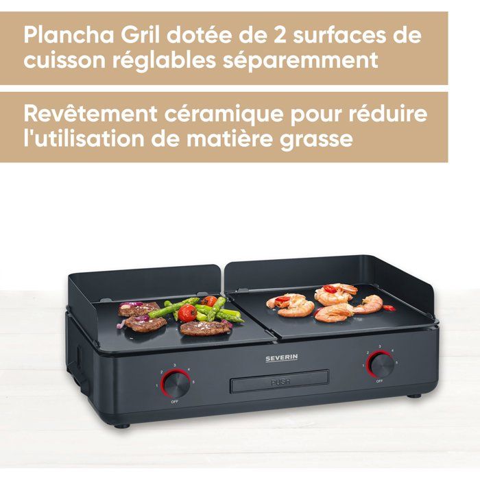 Plancha SEVERIN - PG8569 - Surface de cuisson 48x27cm - Revetement céramique antiadhésif - 2200W