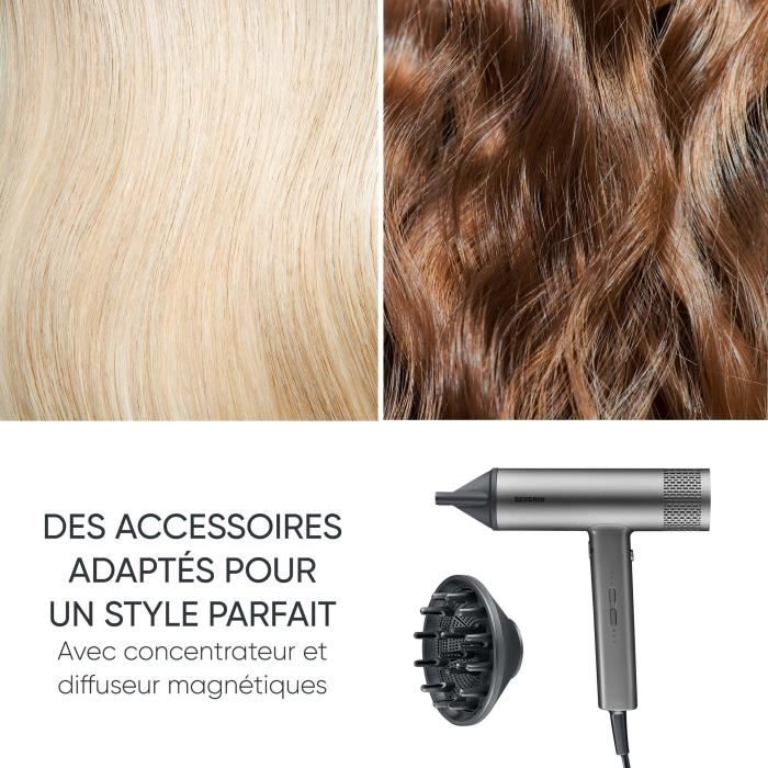 Seche-cheveux ionique - SEVERIN - HT 0169 - S-Style Speed Pro - Concentrateur & diffuseur magnétiques - 2000 W - Gris et noir