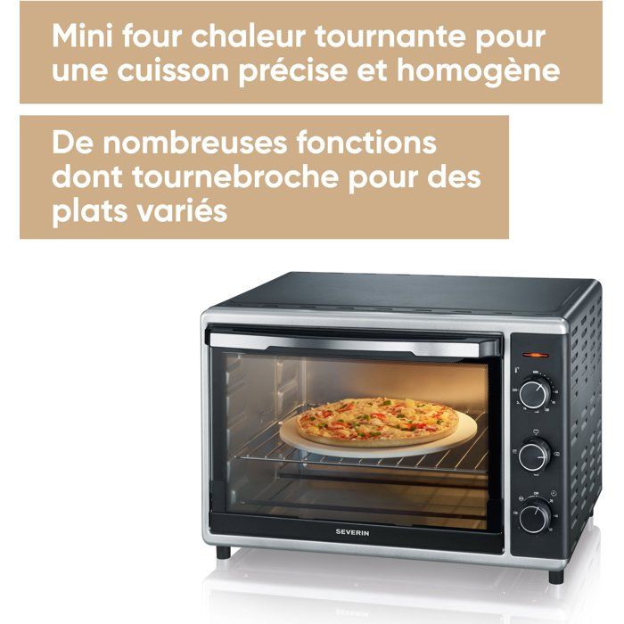 Mini Four chaleur SEVERIN TO2058 tournante 42 L, pierre a pizza et tournebroche, Four posable 1 800 W, Minuteur 120 min, Noir/Inox