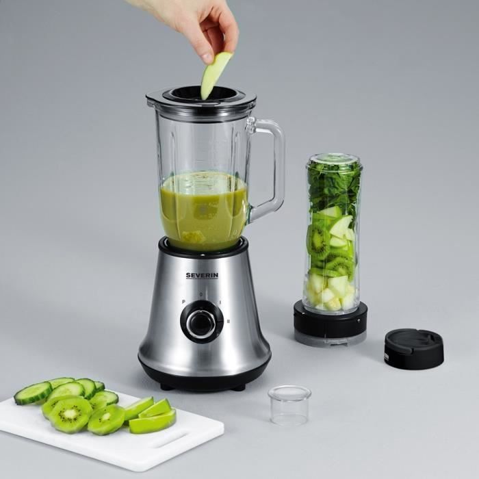 Blender 2 en 1 - SEVERIN - SM3737 - Multi-mixeur et blender ŕ smoothie 2 en 1 - 500W - Bol en verre 1 L - 1 bouteille 600 ml inclus