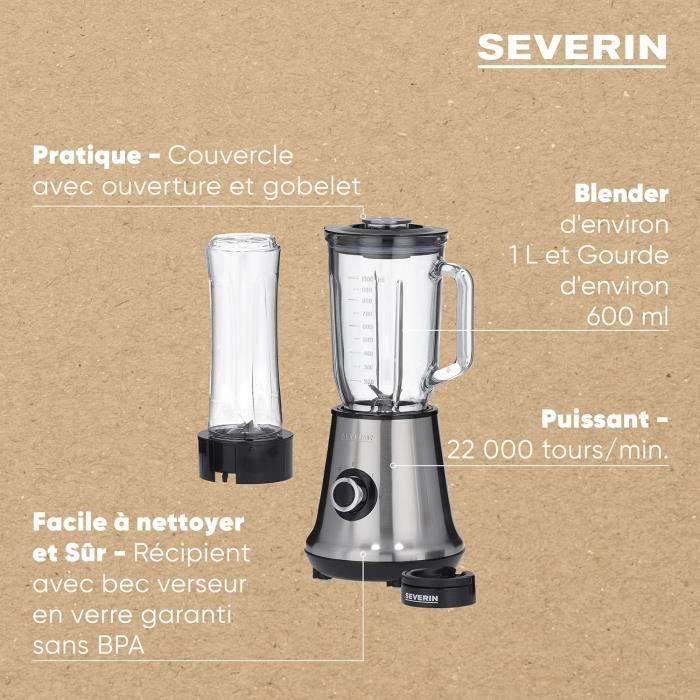 Blender 2 en 1 - SEVERIN - SM3737 - Multi-mixeur et blender ŕ smoothie 2 en 1 - 500W - Bol en verre 1 L - 1 bouteille 600 ml inclus