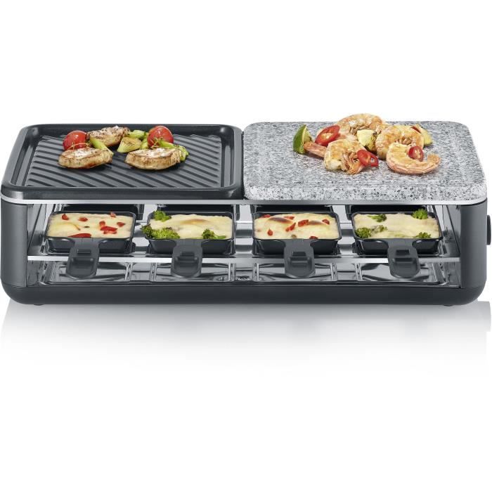 Raclette Gril - SEVERIN - RG2366 - 8 pers. - Pierre Naturelle et Plaque de Cuisson RÈversible - 8 poelons - Noir