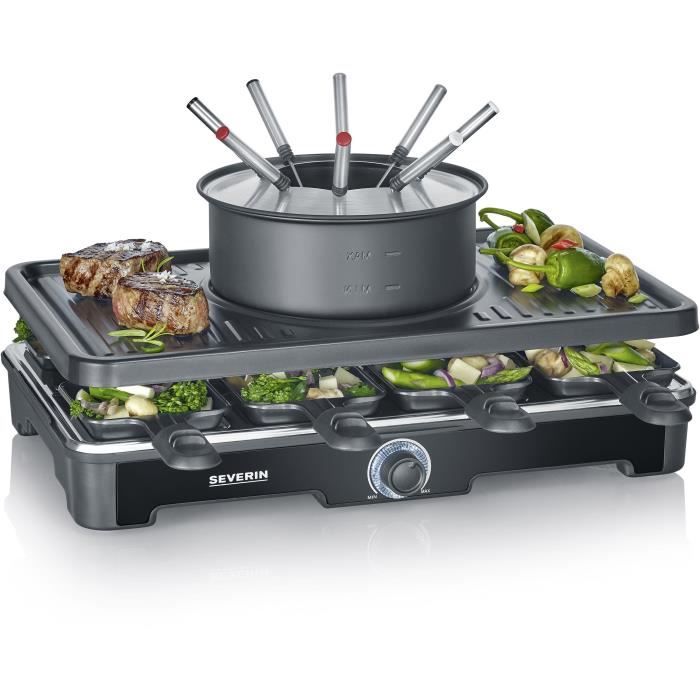 CombinÈ Raclette-Fondue - SEVERIN - RG2347 - 8 pers - Caquelon avec 8 fourchettes et 8 spatules - Noir