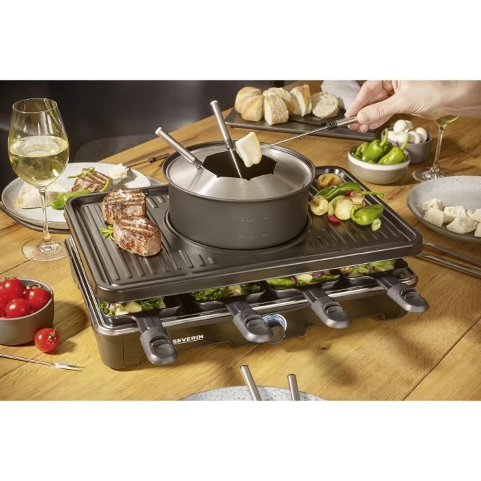 CombinÈ Raclette-Fondue - SEVERIN - RG2347 - 8 pers - Caquelon avec 8 fourchettes et 8 spatules - Noir
