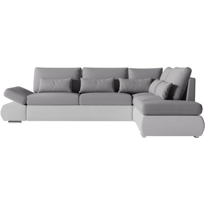 CanapÈ d'angle rÈversible convertible SEVARA 4 places - PU blanc et tissu gris clair - Coffre de rangement - L267 x P200 x H90 cm