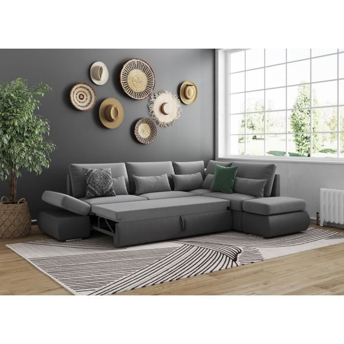 CanapÈ d'angle rÈversible convertible SEVARA 4 places - PU et tissu Gris - Coffre de rangement - L267 x P200 x H90 cm
