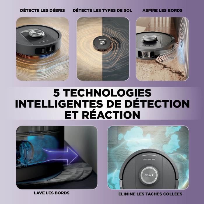 Aspirateur Robot et Laveur SHARK PowerDetect NeverTouch RV2800YEEU - Autovidant - 650 Watts - 2 brosses latérales