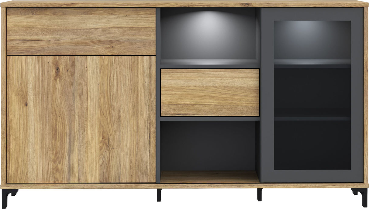 Buffet- SOUTH BEACH - Chene Mauvella / gris foncé - 2 portes dont 1 vitrée - 1 tiroir - 147 x 39,7 x 82,4 cm