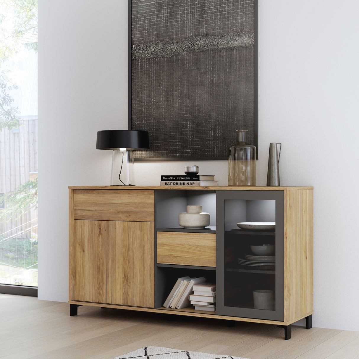 Buffet- SOUTH BEACH - Chene Mauvella / gris foncé - 2 portes dont 1 vitrée - 1 tiroir - 147 x 39,7 x 82,4 cm