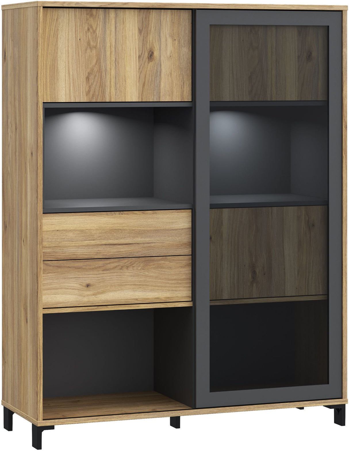 Vitrine SOUTH BEACH – Finition Chene Mauvella / Gris Foncé – 3 Portes dont 2 Vitrées – 2 Tiroirs – 115,5 × 39,7 × 149,6 cm