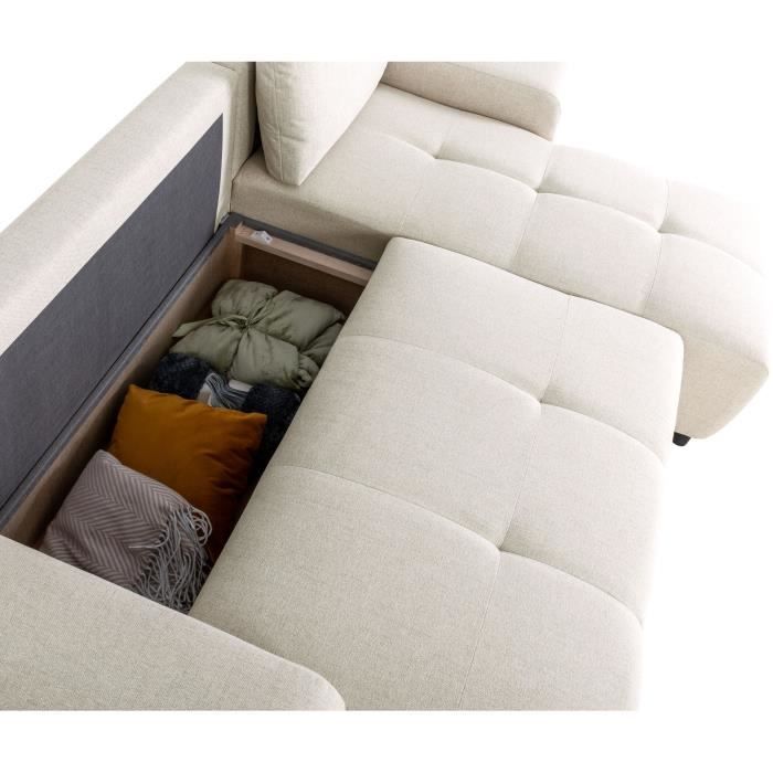 Canapé d'angle convertible réversible - 3 places - SIERRA - Avec coffre - Tissu Beige - 243 x 160 x 82 cm