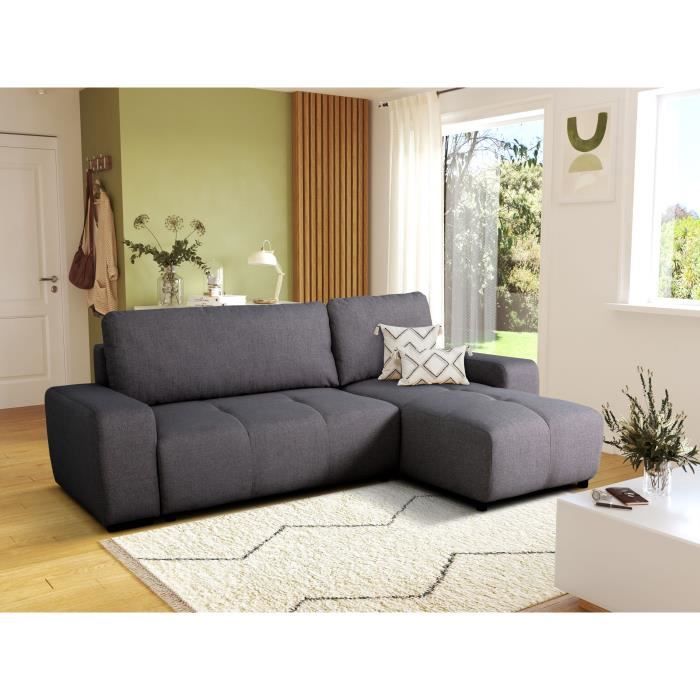 Canapé d'angle convertible réversible - 3 places - SIERRA - Avec coffre - Tissu Anthracite - 243 x 160 x 82 cm