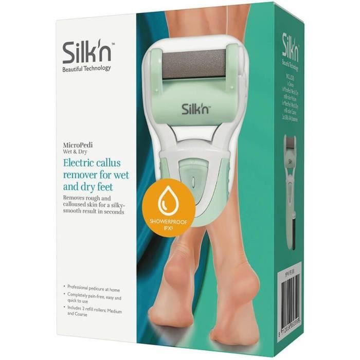 R‚pe Èlectrique anti-callositÈs Ètanche SILK'N MicroPedi Wet & Dry avec 2 rouleaux inclus